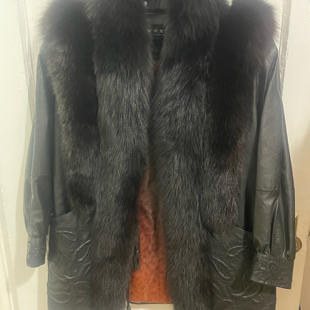 Luxurious Black Fur Trimmed Leather Coat